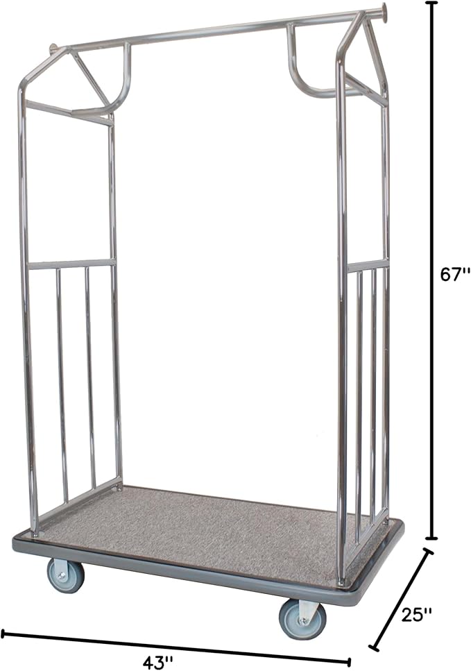 Brushed Stainless Steel Luggage Cart – 800lb Capacity – Bellman Cart w/ 5” Rubber Wheels & Gray Carpet, for Hotel, Resorts, Condos, Commercial Use (Value Valet Series)