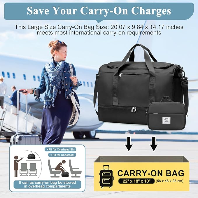 Large Travel Duffle Bag,Carry on Overnight Weekend Bag with Shoes Compartment,Weekender Bags for Women for Travel Business Trips Sport Hospital,2Pcs,Black