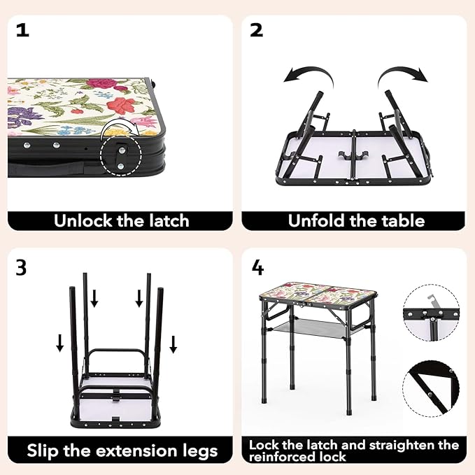 YihuiKo Small Camping Table, Vintage French Flowers Pattern Folding Table, Adjustable Height, Lightweight & Portable Outdoor Picnic Table with Carry Handle for Patio, Living Room, Travel