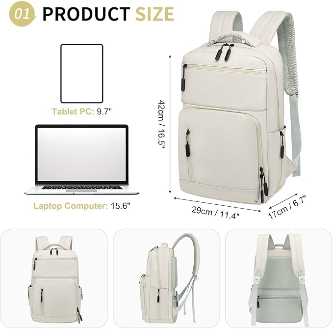 Waterproof Laptop Backpack for Men & Women, Flight Approved Anti-Theft Daypack with 15.6-inch Laptop Sleeve (Beige)