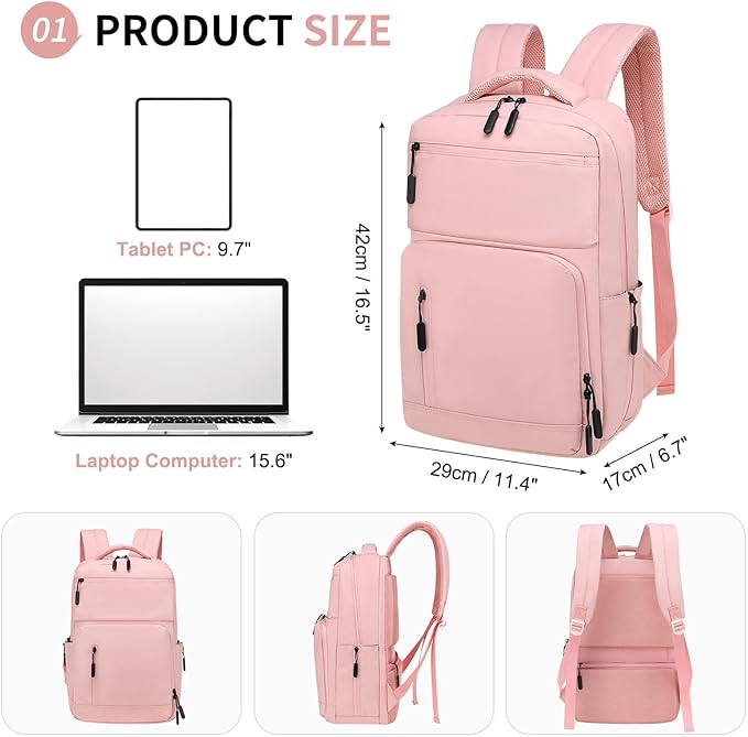 Waterproof Laptop Backpack for Men & Women, Flight Approved Anti-Theft Daypack with 15.6-inch Laptop Sleeve (Pink)