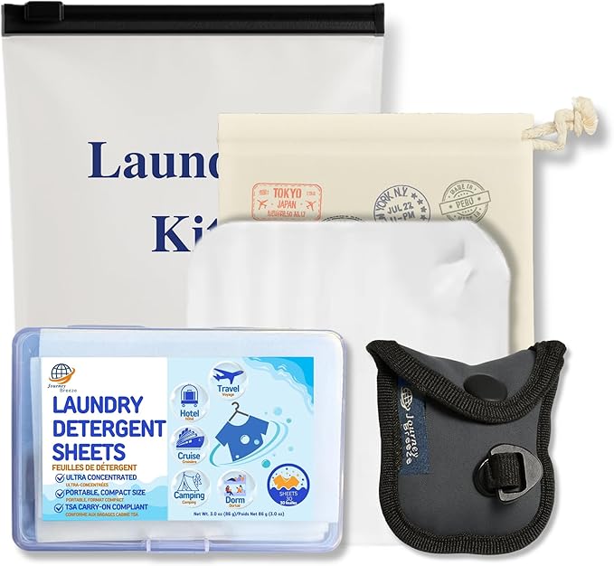 Travel Laundry Detergent Sheets, Portable Clothesline with Universal Sink Stopper – Lightweight Clothesline, Laundry Detergent Sheets & Sink Stopper best for Cruise, Hotel, Camping & On-the-Go Washing