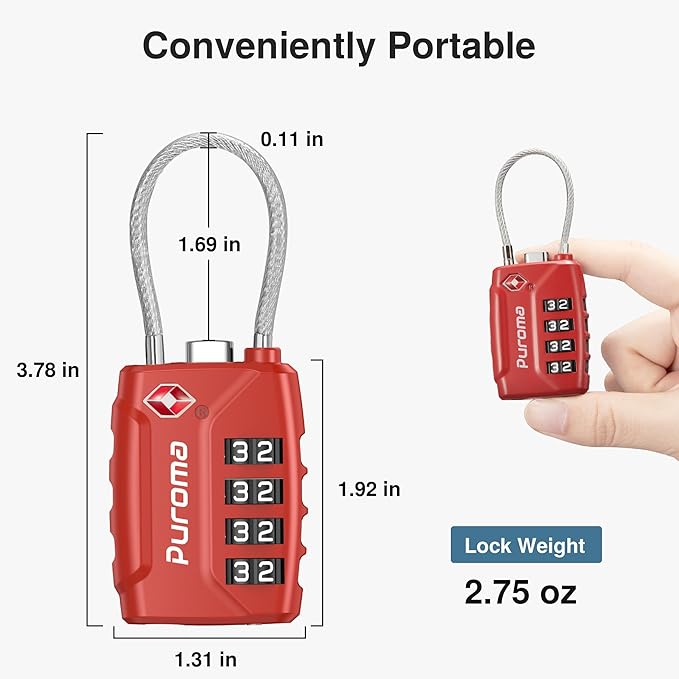 Puroma 2 Pack TSA Approved Luggage Lock, 4 Digit Combination Travel Cable Locks Resettable Code Lock with Zinc Alloy Body for Suitcase, Toolbox, Backpack, Bag, Gym Locker (Basic Red)