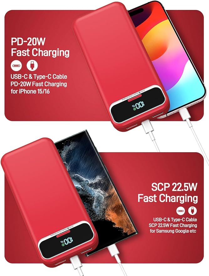 Portable Charger, 20000mAh 22.5W Fast Charging Power Bank with Built-in Cables & Wall Plug, Travel Essential External Battery Pack with LED Display, USB C Battery Phone Charger for iPhone Samsung Red