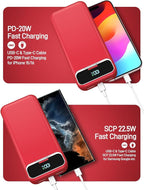 Portable Charger, 20000mAh 22.5W Fast Charging Power Bank with Built-in Cables & Wall Plug, Travel Essential External Battery Pack with LED Display, USB C Battery Phone Charger for iPhone Samsung Red
