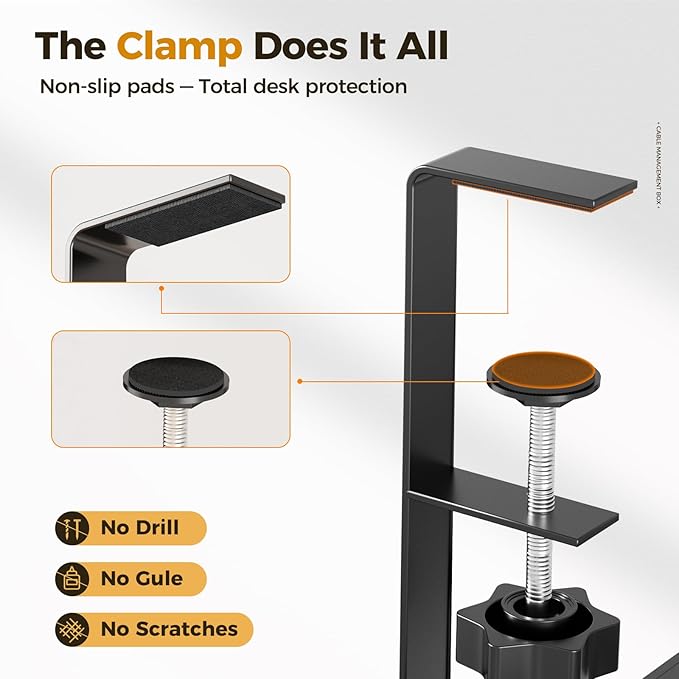 Under Desk Cable Management Tray Black, Cinati Wire Organizers No Drill, Cable Tray with Clamp for Wire Management, Cord Organization Box for Office, Home - No Damage to Desk
