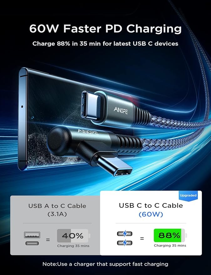 AINOPE USB C to USB C Cable 60W, 16.4ft USB Type C Cable Right Angle, Compatible with Samsung Galaxy S21 S20, Note 20 Ultra 10 9 8, MacBook Air/Pro 13'', iPad mini 6/Pro/Air 2020 (16.4FT, Grey)