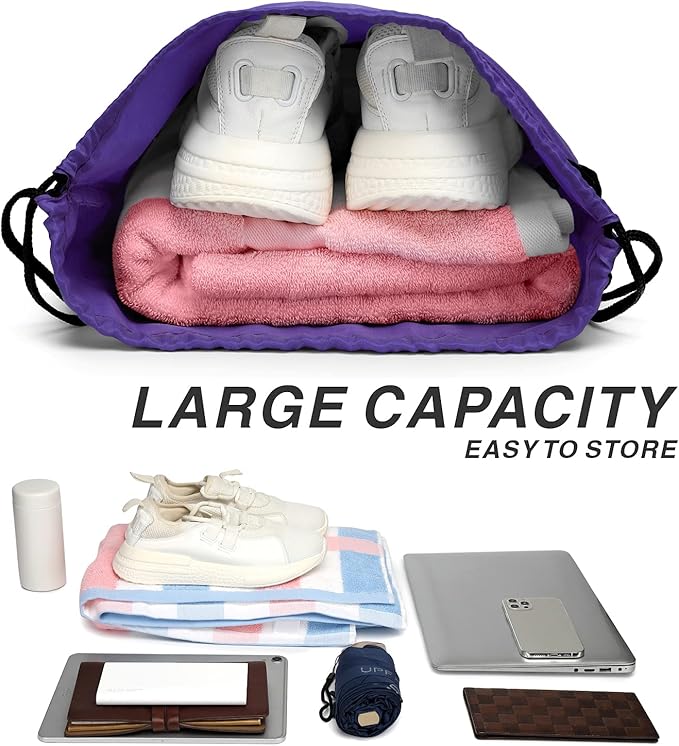 Drawstring Backpack Sports Water Resistant String Bag Sport Gym Sackpack for Women Men Large with Zipper, Purple