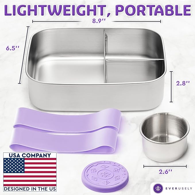 Everusely - Bento Box - Lavender, 60oz / 1.8 L - Extra Large Stainless Steel Lunch Box + Leakproof Condiment Container - 3 Compartment Snack Organizer for On the Go Meals - Freezer & Dishwasher Safe
