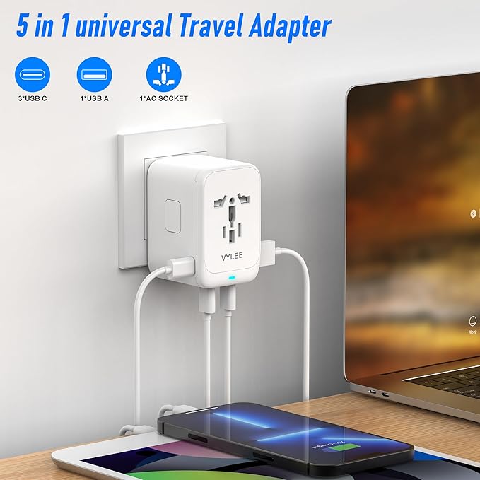 VYLEE Travel Plug Adapter, 65W Fast GaN Travel Charger, International Plug Adapter with 3 USB-C PD and 1 USB-A QC with US/EU/UK/AU Convenient for iPhone,Samsung,Laptops