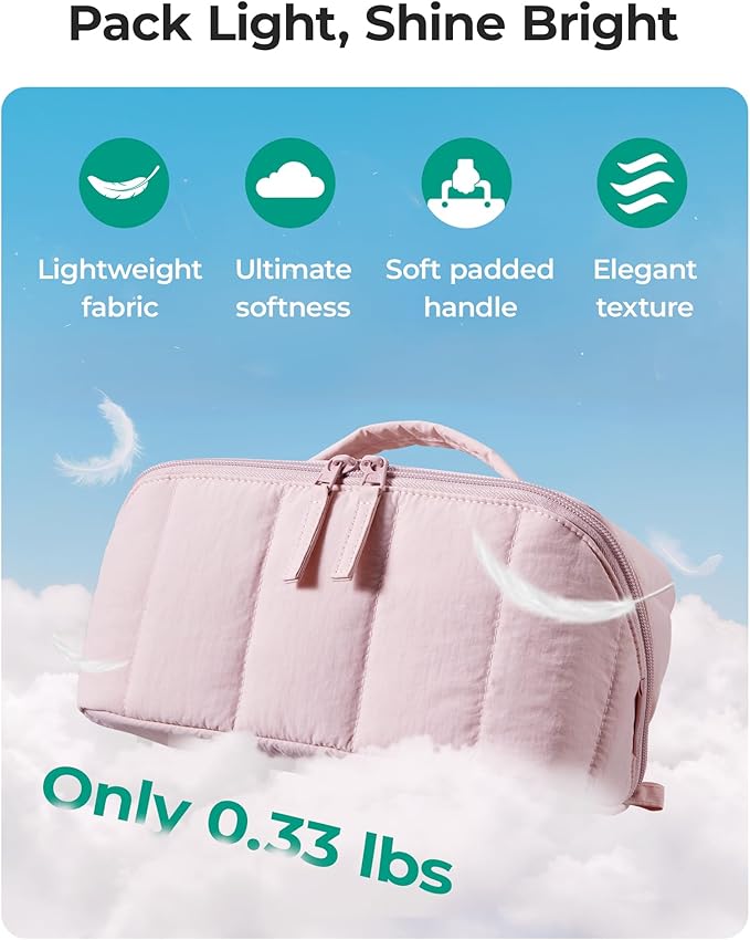 BAGSMART Travel Makeup Bag for Women, Portable Water-resistant Cosmetic Case, Puffy Padded Make Up Organizer Pouch, Open Flat Toiletry Bag for Toiletries, Brushes, Brown