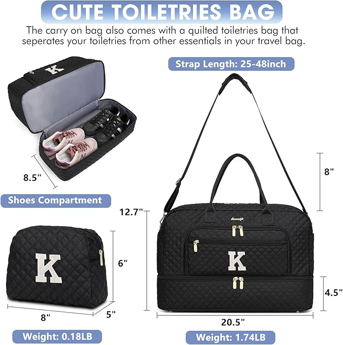 Initial Travel Duffle Bag for Women - Black Personalized Weekender bags Overnight Bag with Shoe Compartment & Wet Pocket Weekend Tote Bags with Toiletry Bag Monogram Christmas Gift (Letter K)