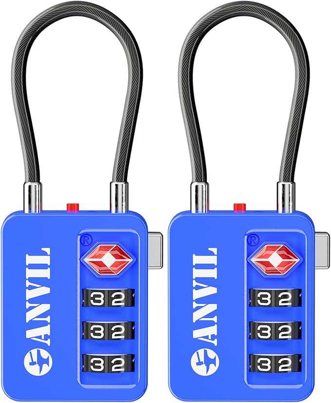 ANVIL TSA Locks for Luggage with Search Alert: Durable Cable Combination Locks, TSA Approved - Secure Travel Locks for Suitcases, Backpacks & Gun Cases (2, Blue)