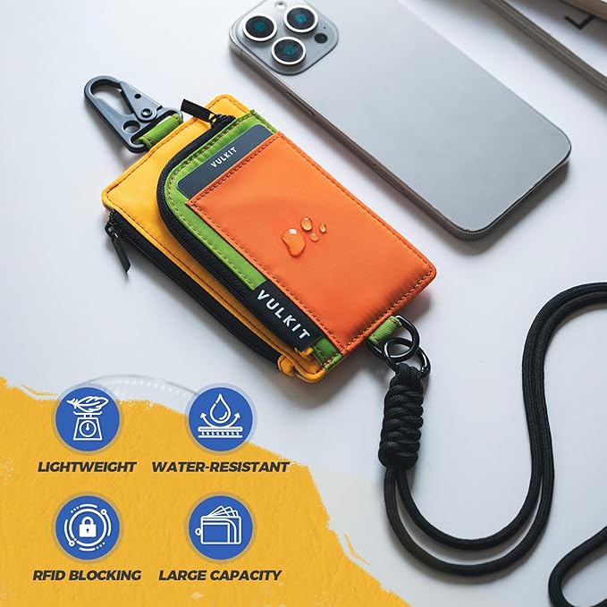 VULKIT Water-Resistant Keychain Wallet with Lanyard for Men and Women, Outdoor Zipper Pouch Wallet with Clear ID Window, for Hiking, Fishing, Skateboard and any Outdoor Activities, Citrus Trail