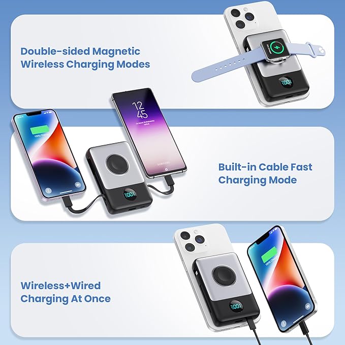 6 in 1 Magnetic Portable Charger for iPhone with Built-in Cables, 10800mAh 25W PD Fast Charging Power Bank, 6 Outputs LCD Display Travel Essential Battery Pack for iPhone 17/16/15/14/13/12,Apple Watch