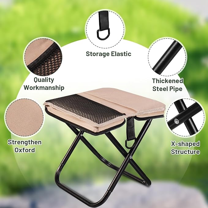 Ultra-Thin Portable Folding Stool - 1.97" Slim Fold, 0.99LB Lightweight, 200LB Capacity Camping Chair for Adults, Compact Collapsible Seat for Outdoor Fishing, Hiking, Events & Queue（Khaki）