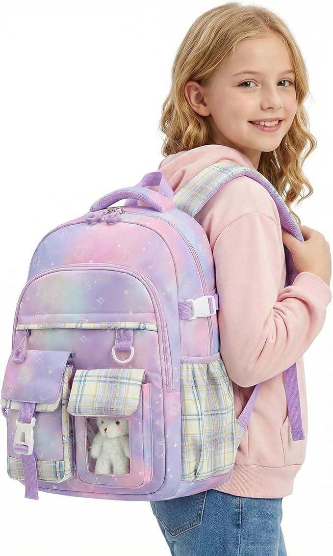 PRLINJSK Girls Backpack，Cute School Backpack for Girls Kids Teens，Kawaii Bookbag for Primary Elementary