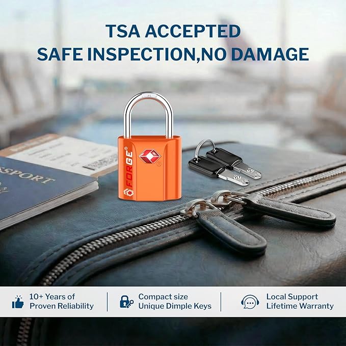 Forge Small TSA Approved Luggage Locks: Ultra Secure Dimple Key Travel Locks Alloy Body. for Luggage, Travel Cases, Backpacks, Orange 4 Pack.