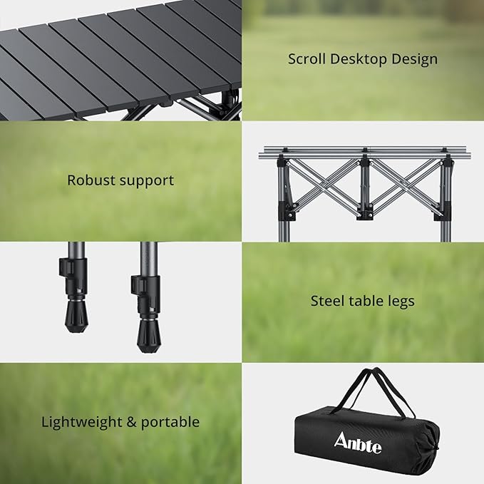 Anbte 2ft Small Roll Up Camping Table, 2 Adjustable Height Aluminum Portable Camping Table with Storage Net & Bag, Lightweight Waterproof Folding Table for Indoor Outdoor BBQ Picnic, 25” X 16”, Black