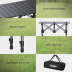 Anbte 2ft Small Roll Up Camping Table, 2 Adjustable Height Aluminum Portable Camping Table with Storage Net & Bag, Lightweight Waterproof Folding Table for Indoor Outdoor BBQ Picnic, 25” X 16”, Black