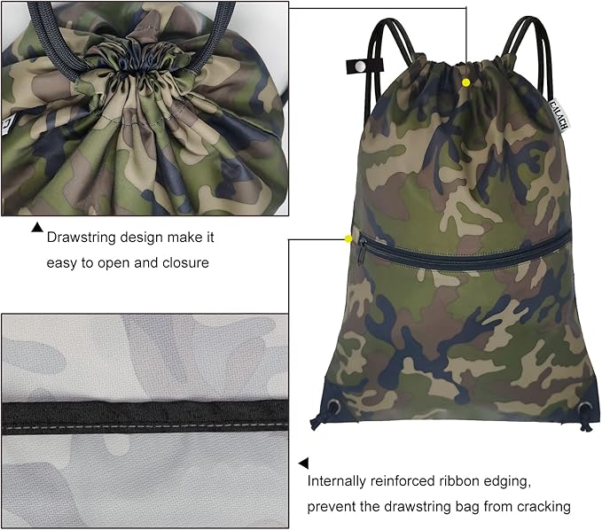 draw string back bag, Large Gym Sports string backpack for men and women with front zipper pocket and inside zipper pocket to keep key or phone (green camo)