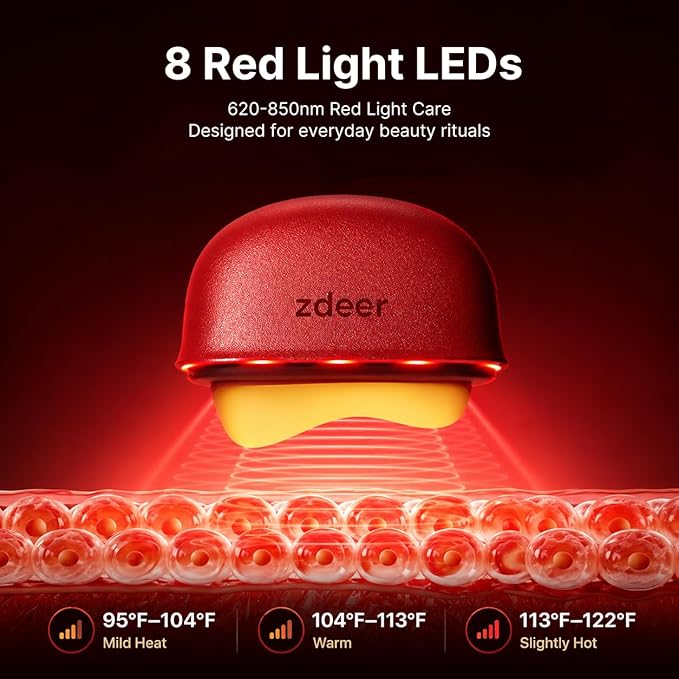 ZDEER LED Red Light Therapy for Face & Neck Massager Facial Care Device – Electric Gua Sha Brass Tool with Heat & Vibration for Firming, Sculpting & Skincare, Red