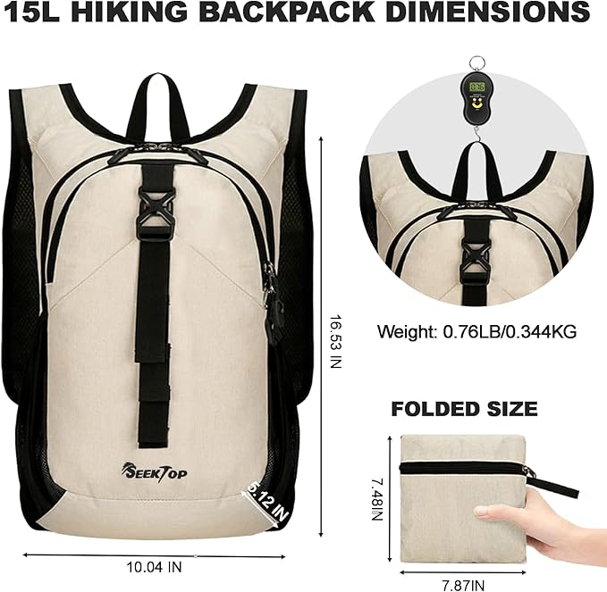 Seektop 15L Small Hiking Backpack for Women Men, Lightweight Hiking Packable Daypack with Phone Pocket for Travel Camping (Beige, 15L)