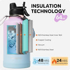 Swigina [2-IN-1 LID] 64 oz Insulated Water Bottle with Silicone Boot (48hrs Cold/24hrs Hot) - DIY Stickers, Leakproof, BPA Free, Half Gallon