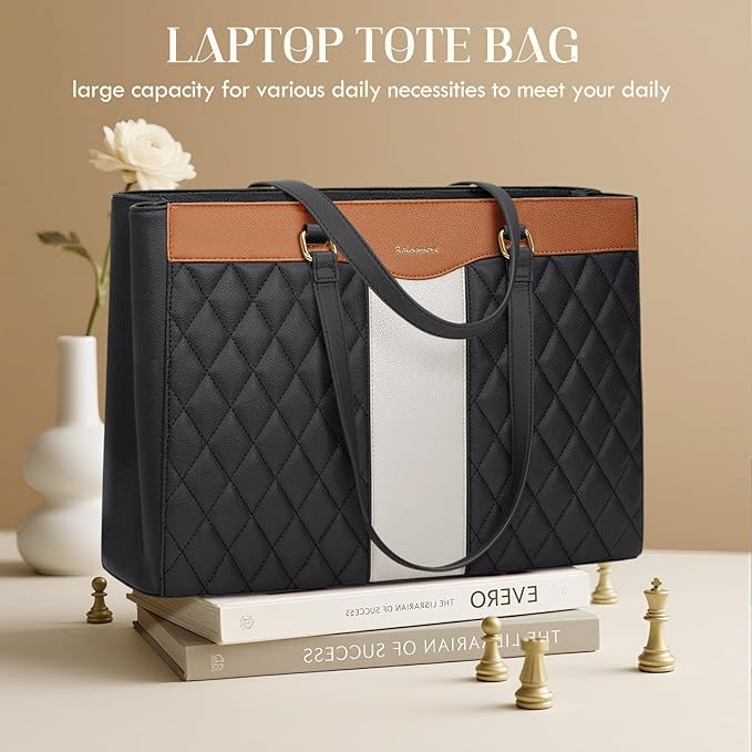 RAINSMORE Laptop Bag for Women 15.6 Inch Work Tote Bags Leather Laptop Tote Professional Laptop Purse Computer Handbag Womens Briefcase Tote with Clutch for Teacher Office Travel, Black Brown & White