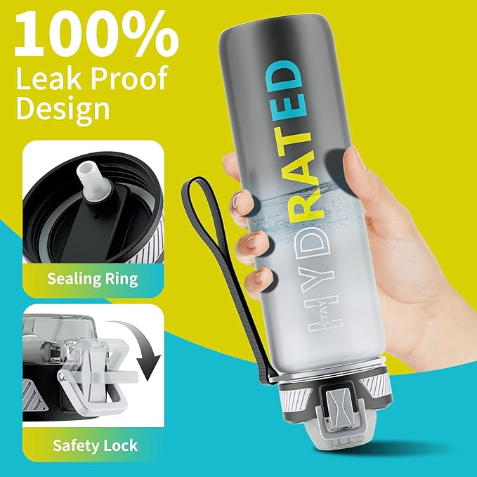 QLUR Water Bottle with Straw, 27oz Motivational Water Bottles with Time Marker to Drink, Tritan BPA Free, 750ml Sports Water Bottle with Carry Strap LeakProof for School Fitness Outdoor (1Pack)
