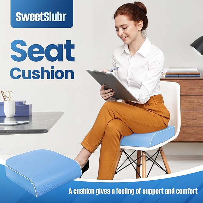 SweetSlubr Seat Cushion for Tailbone Pain Relief, Office Chair Cushion, Memory Foam Large Chair Cushion with Non-Slip Cover for Soft Support at Office Chair, Car Seat, Airplane Light Blue/2X-Large