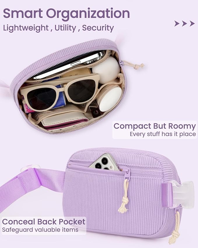 Vankor Cute Purple Fanny Packs for Women Cross Body Corduroy, Purple Belt Bag for Women Crossbody Stylish Waist Pack Purse for Travel, Hiking, Workout, Running
