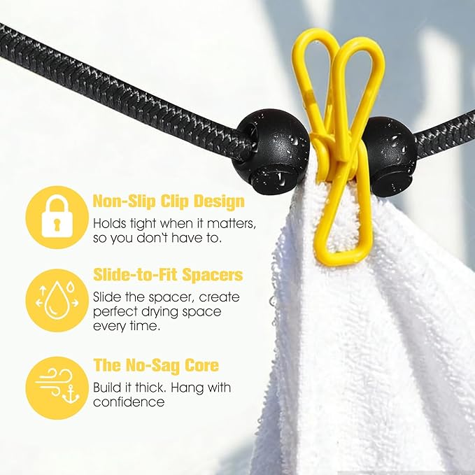 Clothesline Camping Essentials, Elastic Travel Clothes Line Camping Gear for Outdoor Glamping, Cruise and RV Must Haves, 1 Count