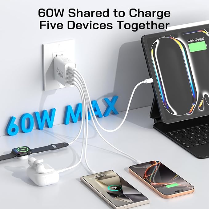 3Pack USB C Fast Charger Block, Total 60W 5-Port USB C Wall Charger 30W Type C Charging Block, 2USB C+3USB A PD 3.0 Multiport Charging Cube for iPhone 17 16 15 14 Pro Max, G-alaxy S26 S25 Ultra, i Pad