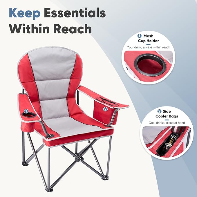 NEWBULIG Oversized Folding Camping Chair for Adults, Portable Outdoor Collapsible Chairs, 500 LBS Heavy Duty Support, with Cup Holders, for Lawn, Fishing, Hiking, Red