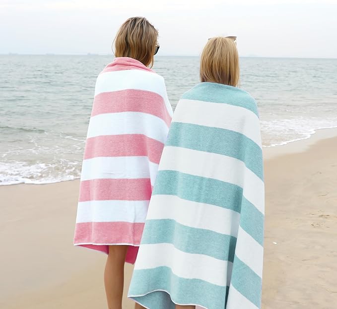 CLOWOOD Plush Oversized Beach Towel - Cotton 40 x 70 Inch Large Thick Aqua Striped Cabana Pool Swimming Towel