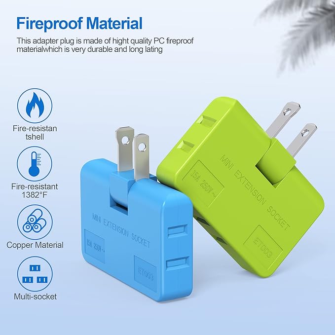 ETwinCoo 3 Way Flat Wall Outlet Extender, 2 Prong Mini Flat Wall Plug Adapter, Rotatable Flat Outlet Adapter(Easy Install & Safe), Type A,Multiple Color (6 Pack)