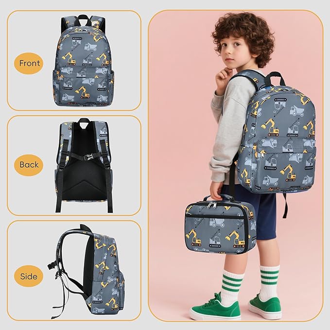 CAMTOP Preschool Backpack for Kids Boys Girls Toddler Backpack Kindergarten School Bookbags for Age 3-8 (Engineering Car Grey)