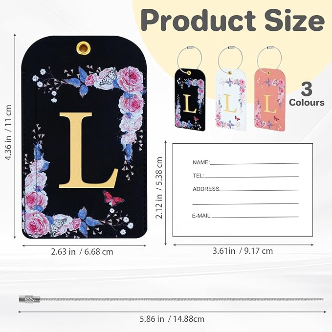 3 Pack Luxury Floral Luggage Tags, Durable PU Leather Suitcase Tags with Stainless Steel Cable Strap, Hidden ID Slot for Privacy Protection, Easy to Identify Waterproof Travel Accessories Gift (L)