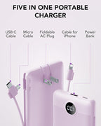 VRURC Portable Charger Built-in Cables and AC Wall Plug,USB C Power Bank 10000mAh, Travel Essentials Phone Charger Compact Lightweight External Battery Pack for Smart Phones, Tablets etc (Purple)