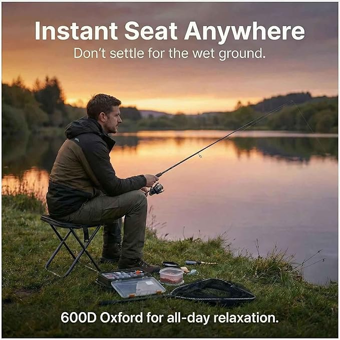 COMELY Fishing Chair Stool Portable: Ergonomic Curved Seat for Long Comfort, 700g Ultralight Backpacking Chair, 3s Set Up 4 Anti-Sink Feet, 600D Oxford Waterproof 270 Lbs for Outside Fishing Events.