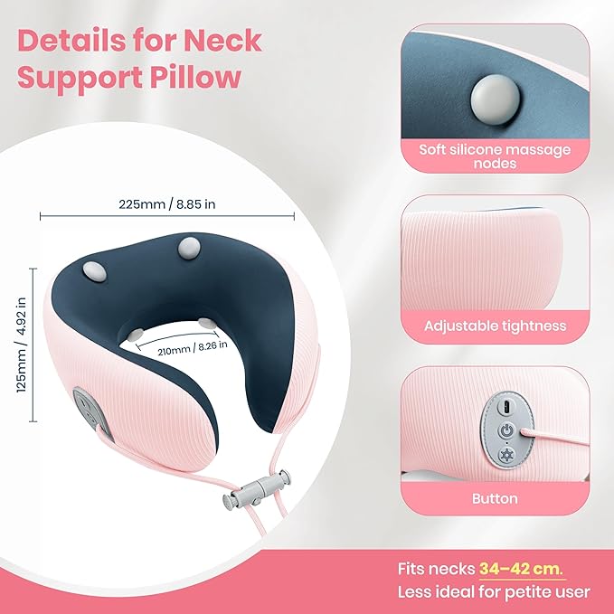 Medicane Pink Neck Travel Pillow with Massage, Neck Massager with Heat & Gentle Vibration Massage with Ergonomic Foam,Perfect for Airplane,Car,Office,Pain Relief,Sleeping,Traveling,Long Flight