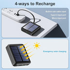 Solar Portable Charger 12000mAh, Small Solar Power Bank, USB C Input/Output External Battery with Built-in 4 Cables, Two-Hand Flashlight, Suitable for iPhone, Tablet Computers and Samsung