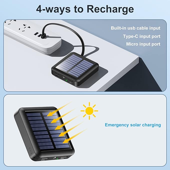Solar Portable Charger 12000mAh, Small Solar Power Bank, USB C Input/Output External Battery with Built-in 4 Cables, Two-Hand Flashlight, Suitable for iPhone, Tablet Computers and Samsung