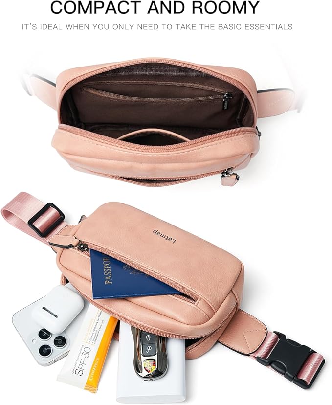 LATMAP 2L Fanny Packs Everywhere Belt Bag Small Fashion Crossbody Waist Pack Faux Leather Waterproof Sling Chest Bag For Women Trendy Pink