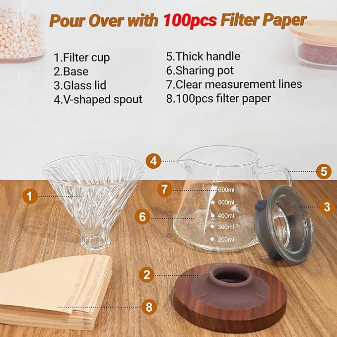 Coffee Pour Over 20.3oz 600ml High Borosilicate Glass Pour Over Coffee Maker Set Camping Travel with 100 Pcs V60 Cone Filter Paper Hand Brew Carafe Drip Suitable for Electric Ceramic Stove