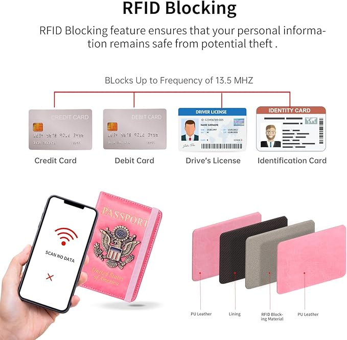Passport Holder Cover and Card Case Slot Combo RFID Blocking Leather Travel Passport Wallet for Men and Women US Passport Protector Document Organizer,Pink