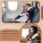 HunnmingRe 5 Pcs Travel Pillow and Blanket Set, 5 in 1 Travel Airplane Compact Includes 40 x 60 Inch Throw Blanket Eye Mask Neck Pillow Earplug and Bag Gifts for Travelers Women(Cow Print,Brown)