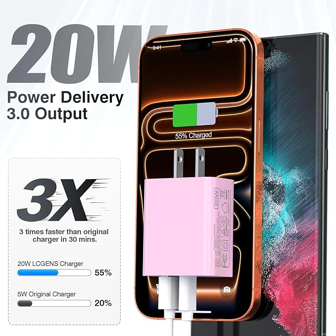 LCGENS USB C Wall Charger Block 20W, 2-Pack Dual Port PD Power Delivery Fast Type C Charging Block Plug Compatible with iPhone 13/14/15/16/17 Pro Max Plus, XS/XR/X,iPad,AirPorts,Galaxy S25/24