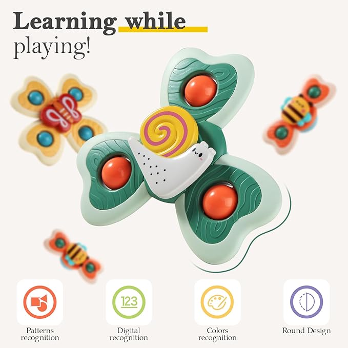 ALASOU 3PCS Suction Cup Spinner Toys for 1 Year Old Boy Girl|Spinning Top 12 18 Months|1 2 Year Old Boy Birthday Gift|Baby Bath Toy for Kids Ages 1-3|Sensory Airplane Travel Toy for Infant Toddlers